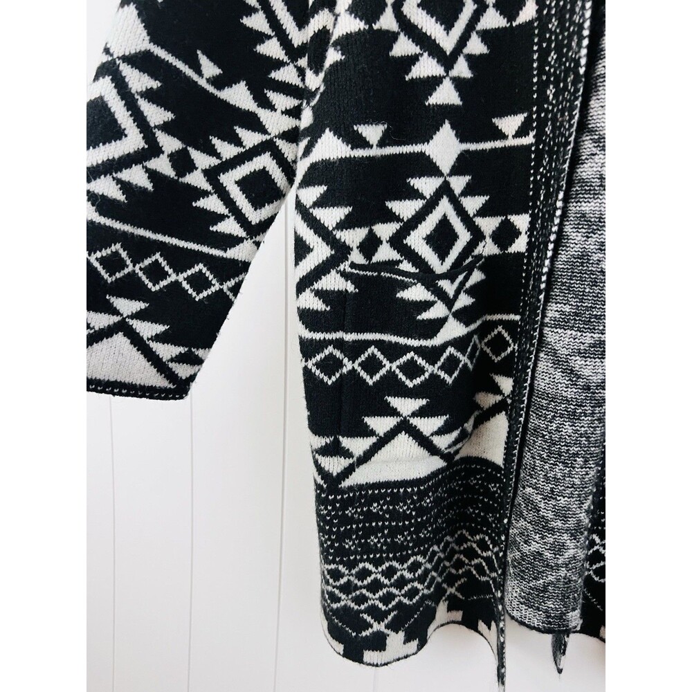 Frye Black White Geometric Jacquard Open Front Cardigan Sweater Aztec Boho XL - Picture 5 of 8